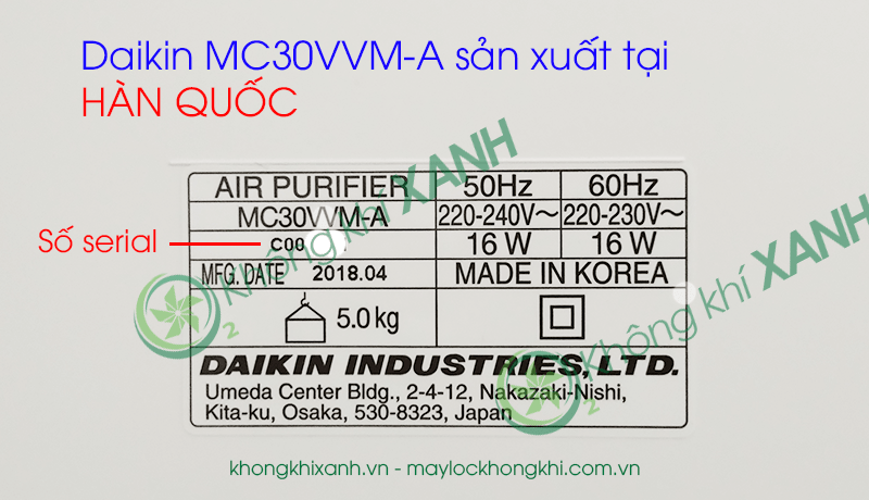 Máy lọc không khí Daikin MC30VVM-A được sản xuất tại Hàn Quốc - Nhập khẩu Nhật Bản